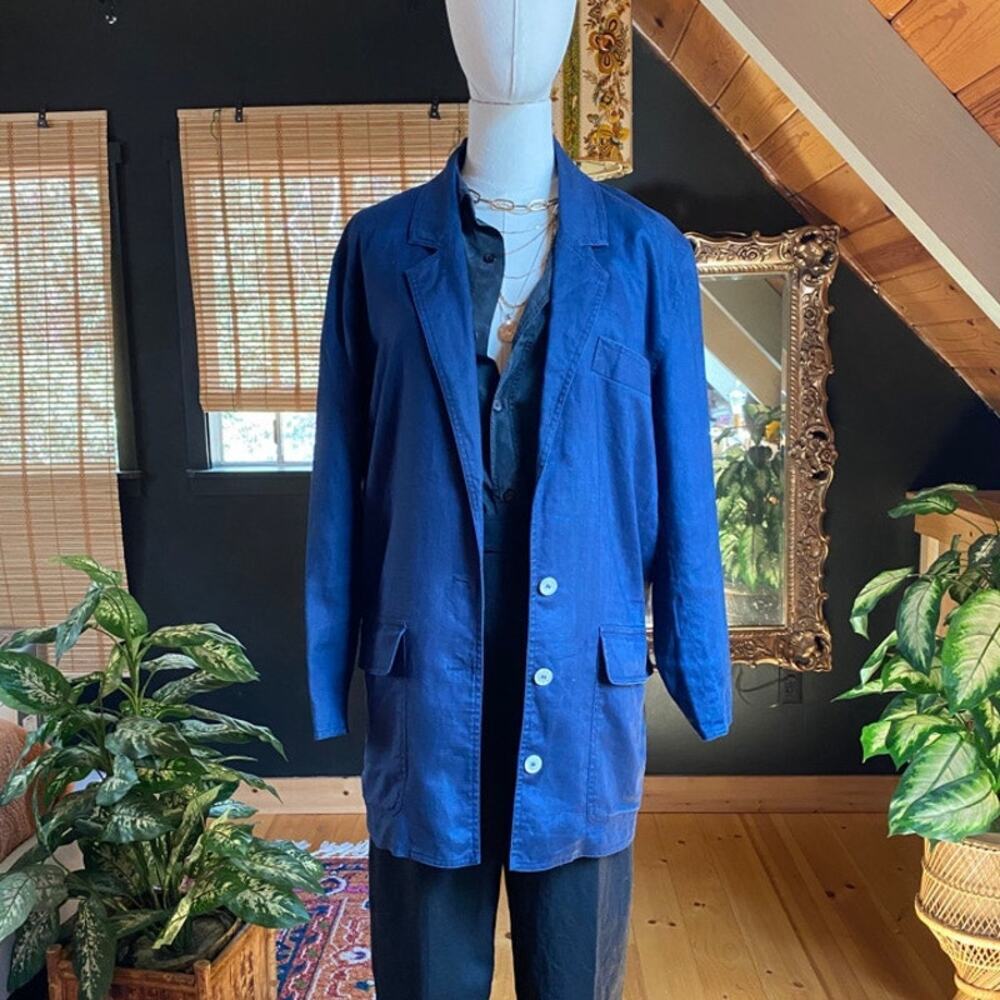 Linen Blazer Jacket Vintage Ann Taylor Blue